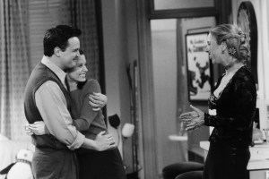 FRIENDS -- "The One Where Everybody Finds Out" Episode 14 -- Air Date 02/11/1999 -- Pictured: (l-r) Matthew Perry as Chandler Bing, Courteney Cox as Monica Geller, Lisa Kudrow as Phoebe Buffay  (Photo by NBCU Photo Bank/NBCUniversal via Getty Images via Getty Images)