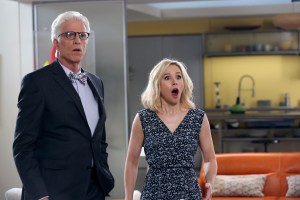 THE GOOD PLACE -- "Michael's Gambit" Episode 113 -- Pictured: (l-r) Ted Danson as Michael, Kristen Bell as Eleanor Shellstrop -- (Photo by: Vivian Zink/NBCU Photo Bank/NBCUniversal via Getty Images via Getty Images)