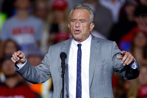 Former Republican presidential candidate Robert F. Kennedy Jr. gestures as he speaks ahead of Former US President and Republican presidential candidate Donald Trump at a campaign rally at the Fiserv Forum in Milwaukee, Wisconsin, November 1, 2024. (Photo by KAMIL KRZACZYNSKI / AFP) (Photo by KAMIL KRZACZYNSKI/AFP via Getty Images)
