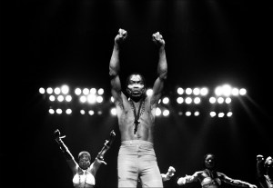 DETROIT - NOVEMBER7 7:  Musician Fela Kuti performs at Orchestra Hall in Detroit, Michigan, on November 7, 1986 in Detroit, Michigan. (Photo by Leni Sinclair/Michael Ochs Archives/Getty Images)