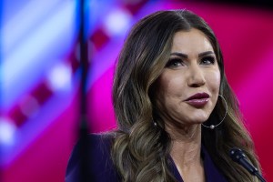 NATIONAL HARBOR, MD - FEBRUARY 23: South Dakota Governor Kristi Noem (R) speaks during the Conservative Political Action Conference (CPAC) in National Harbor, Maryland,  on Friday, February 23, 2024. (Photo by Tom Brenner for The Washington Post via Getty Images)