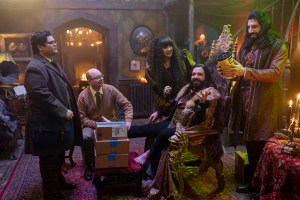 “WHAT WE DO IN THE SHADOWS” -- “Sleep Hypnosis” -- Season 6, Episode 3 (Airs October 21) — Pictured (L-R): Harvey Guillén as Guillermo, Mark Proksch as Colin Robinson, Natasia Demetriou as Nadja, Matt Berry as Laszlo, Kayvan Novak as Nandor.  CR: Russ Martin/FX